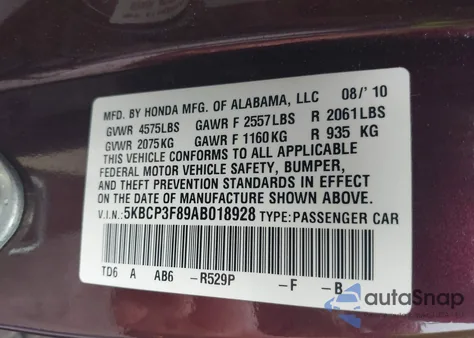 2010 Honda Accord 3.5 Ex-L from USA, damaged, VIN 5KBCP3F89AB018928